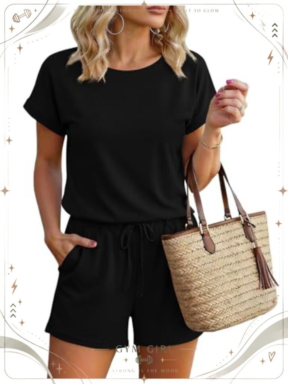 Ekouaer Womens Romper Short Sleeve Crew Neck Button Back Slant Pockets